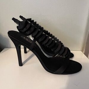 Nina Satin Black Ruffle Dress Sandals - Size 10